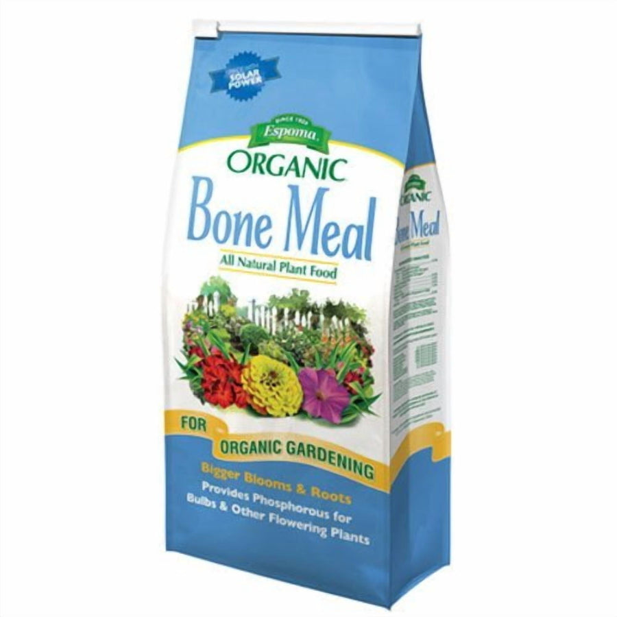 Bag of Espoma Organic Bone Meal plant food with colorful flower illustration and blue-green packaging