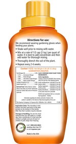 Back label of Espoma Organic Cactus! bottle showing directions for use, guaranteed analysis and contact information