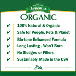 Feature panel with Espoma Organic logo and checklist highlighting natural, safe, long-lasting and USA-made attributes