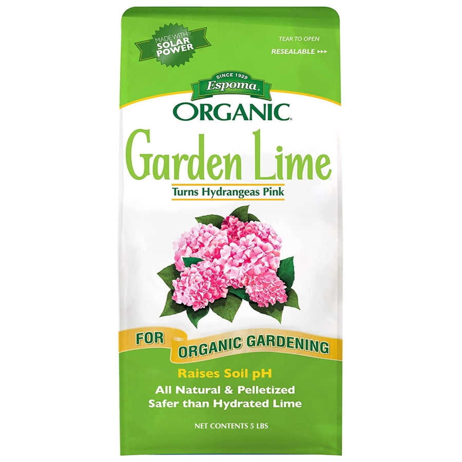 Front view of an Espoma Organic Garden Lime bag with pink hydrangea illustration and green header