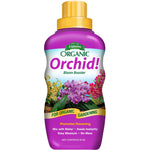 Purple Espoma Organic Orchid! Bloom Booster bottle with yellow cap and orchid illustration on label