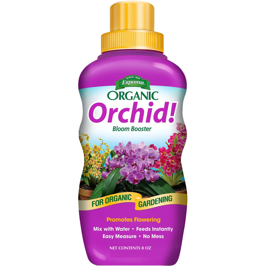 Purple Espoma Organic Orchid! Bloom Booster bottle with yellow cap and orchid illustration on label