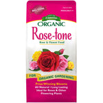 Front of Espoma Organic Rose-tone bag showing rose and flower food branding with colorful roses illustration