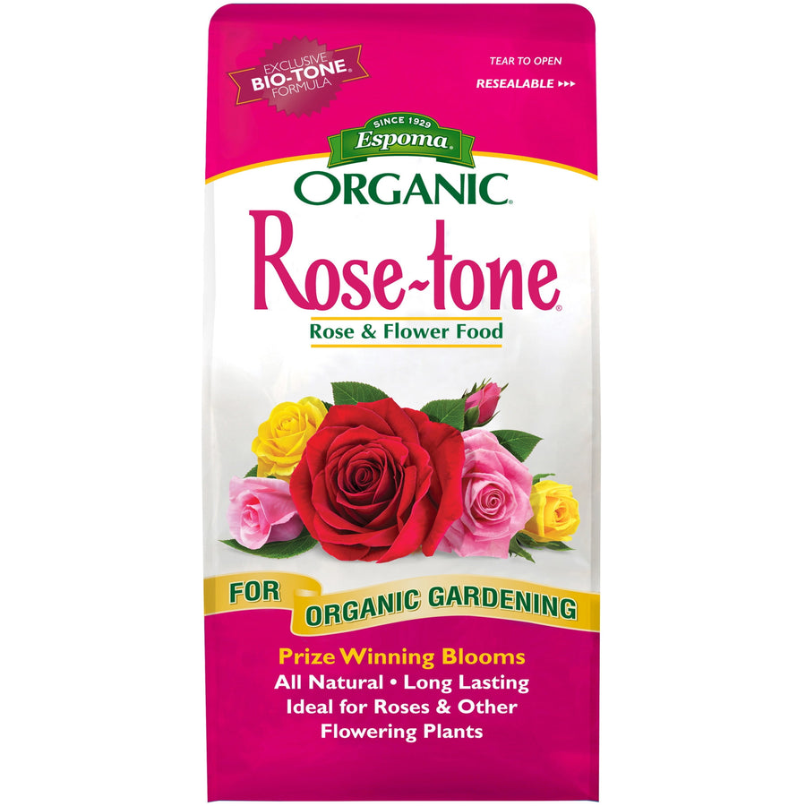 Front of Espoma Organic Rose-tone bag showing rose and flower food branding with colorful roses illustration