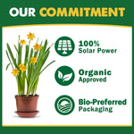 Graphic panel titled Our Commitment listing 100% Solar Power, Organic Approved and Bio-Preferred Packaging with potted daffodils