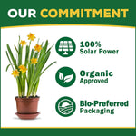 Graphic panel reading “Our Commitment” with potted daffodils and icons for 100% solar power and organic approval