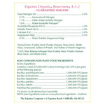 Guaranteed analysis nutrition panel for Espoma Organic Rose-tone 4-3-2 showing nutrient breakdown and ingredient sources