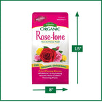 Front product image of Espoma Rose-tone bag with green measurements showing product height and width dimensions