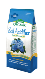 Espoma Organic Soil Acidifier resealable bag showing blue hydrangea graphic and prominent product name on white and blue package