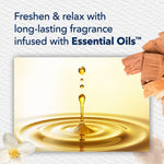 Graphic image of an oil droplet creating ripples with text about long-lasting fragrance infused with essential oils.