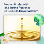 Golden oil droplet splash image with copy about long-lasting fragrance infused with essential oils