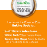 Orange product panel showing a bowl of baking soda and text highlighting benefits like removing surface stains and whitening