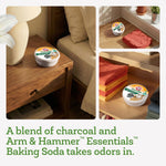 Three staged scenes of Arm & Hammer Essentials containers placed on a nightstand, shelf, and windowsill in home settings