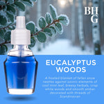 Eucalyptus woods themed promotional image showing a blue oil refill bottle against a snowy branch background and BHG logo