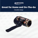 Angled shot of an Evercare navy T-handle lint roller with a patriotic printed refill sleeve on a light patterned background