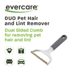 Evercare branding panel with product name and angled photo of the DUO pet hair and lint remover against white background