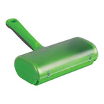Angled view of closed green Evercare pet hair remover with gray handle and translucent cover over the roller