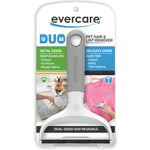 Evercare packaged Duo pet hair and lint remover with gray handle displayed on retail blister card showing usage icons and product name