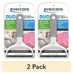 Two Evercare DUO dual-sided pet hair and lint remover tools on blister card packaging showing metal and delicate comb labels