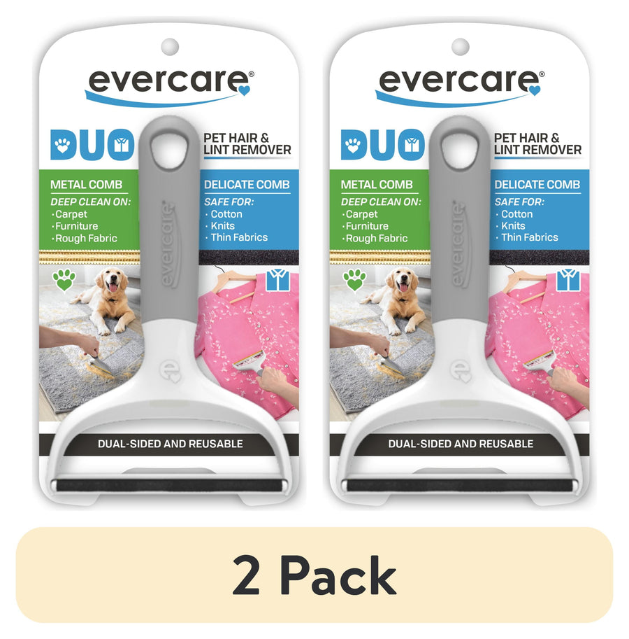 Two Evercare DUO dual-sided pet hair and lint remover tools on blister card packaging showing metal and delicate comb labels