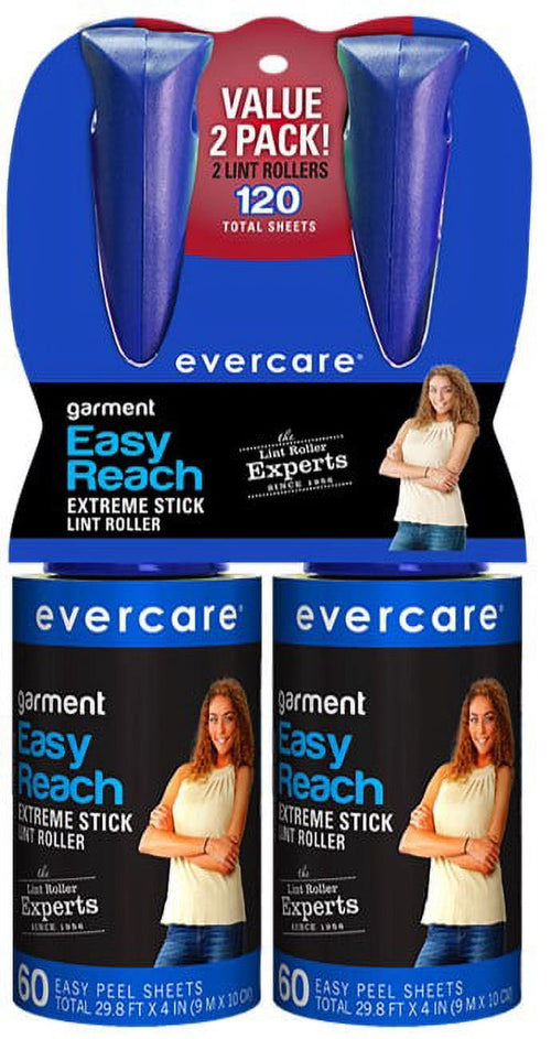 Evercare Easy Reach garment lint rollers two-pack with purple handles and packaging showing a woman and product branding