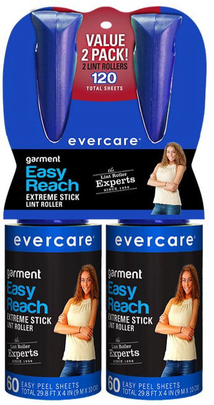 Evercare Easy Reach garment lint rollers two-pack with purple handles and packaging showing a woman and product branding