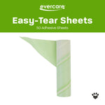 Graphic of a partially unrolled pale green adhesive refill sheet with header text noting easy-tear sheets