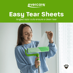 Woman tearing a sheet from an Evercare lint roller showing easy tear sheets and green branded header