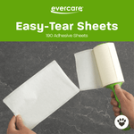 Evercare product graphic showing hands tearing an adhesive sheet from a lint roller, with 'Easy-Tear Sheets' headline and paw icon.