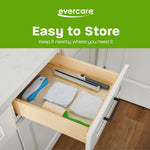 Open drawer storing Evercare lint remover alongside cleaning tools and cloths with 'Easy to Store' header