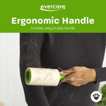 Lifestyle graphic showing a hand using an Evercare lint roller on a sweater with ergonomic handle callout