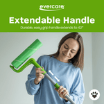 Person holding an Evercare extendable lint roller demonstrating telescoping handle with arrows and green product banner