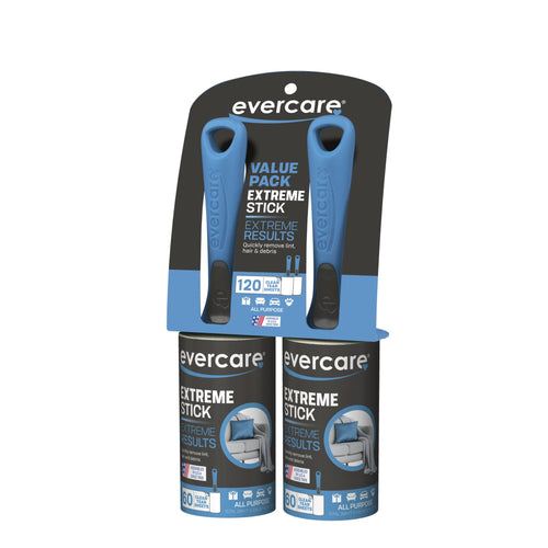 evercare extreme stick lint roller twin pack with two blue-handled rollers, packaging showing 120 total sheets and 60 sheets per roll