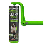 Foldable green Evercare lint roller displayed alongside its black and green refill roll packaging on white background