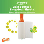 Close-up of an Evercare lint roller roll and handle with a sheet partially peeled, Gain logo and text about scented easy-tear sheets