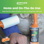 Lifestyle image showing an Evercare lint roller and a rolled refill near a person's wrist and fabric, with copy about home and on-the-go use