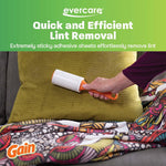 Hand using an Evercare lint roller on a green cushion with Gain logo and headline text about quick and efficient lint removal