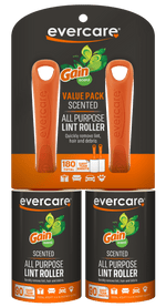 Packaged Evercare lint roller twin pack with Gain scent branding, two orange handles and two refill rolls shown on black and orange backing