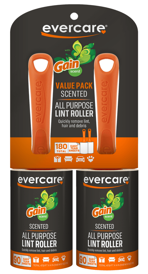Packaged Evercare lint roller twin pack with Gain scent branding, two orange handles and two refill rolls shown on black and orange backing