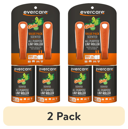 Two Evercare Gain scented lint roller packs showing orange handles and two refill rolls with '2 Pack' label