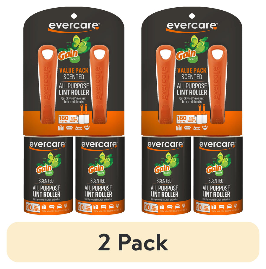 Two Evercare Gain scented lint roller packs showing orange handles and two refill rolls with '2 Pack' label