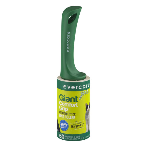 Evercare green comfort-grip giant pet lint roller with yellow product label and cat image