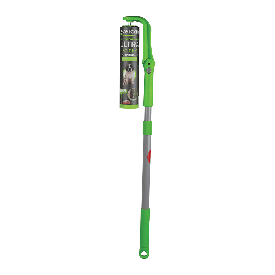 Evercare green extendable lint roller with long handle and packaged mega refill attached on white background