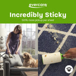 Split lifestyle image illustrating lint roller pickup on a sofa and on a rug with text calling it incredibly sticky