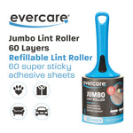 Evercare branded product graphic showing a blue jumbo lint roller and icons for clothing, pet fur, furniture, and car use