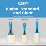 Evercare product comparison graphic showing jumbo, standard, and giant blue lint rollers side by side