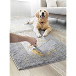 Hand using Evercare lint remover on a gray rug with visible pet hair while a golden retriever lies nearby in a living room scene