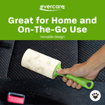 Photo of a hand holding a green-handled lint roller removing pet hair from a car seat with product messaging above