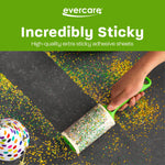 Evercare promotional image of a green-handled lint roller picking up colorful confetti against a dark surface and green header text.