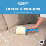 Hand using a blue Evercare lint roller to pick up pet hair from a beige couch in a lifestyle scene